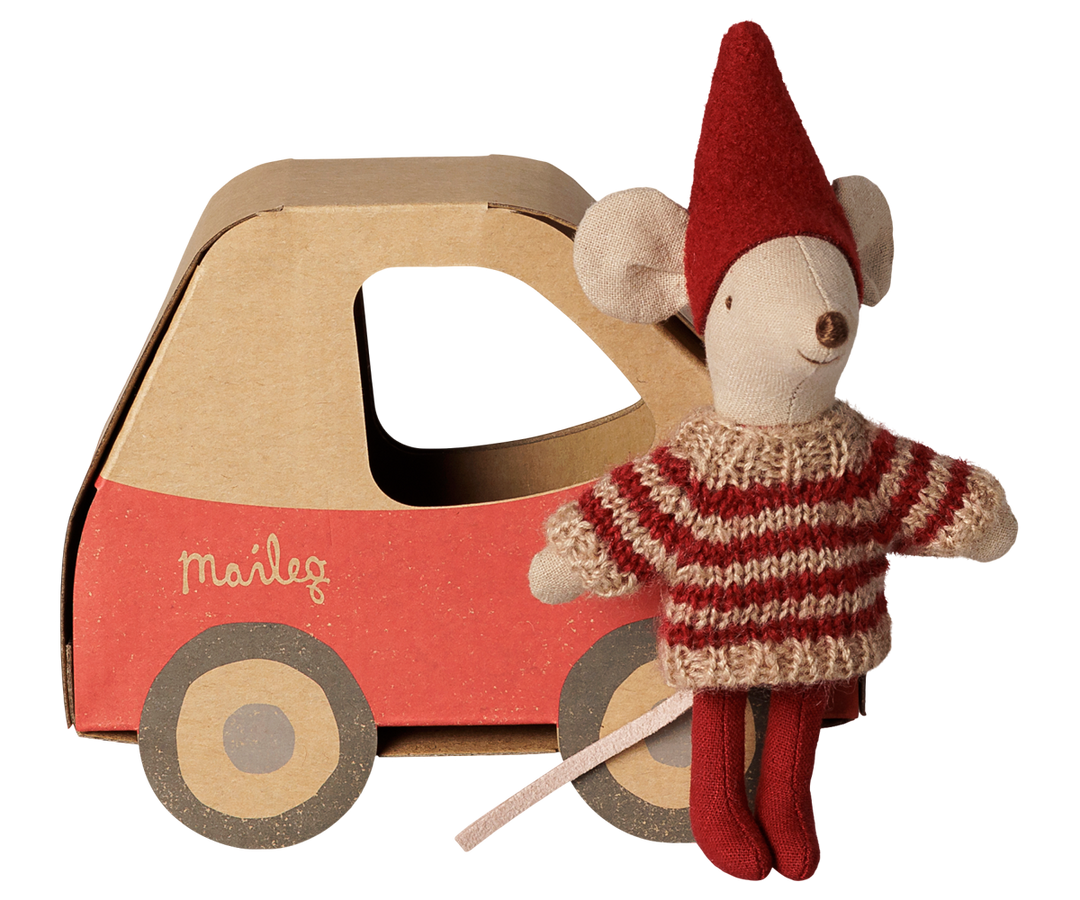 Christmas mouse, Little Sister, standing beside her Maileg car-shaped gift box, holiday toy