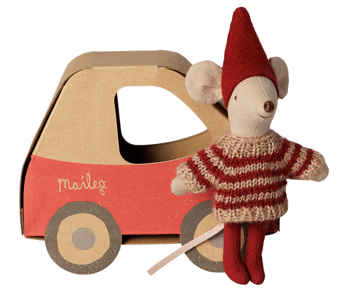 Christmas mouse, Little Sister, standing beside her Maileg car-shaped gift box, holiday toy