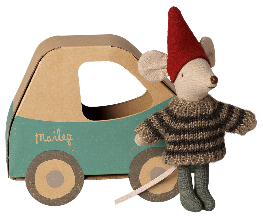 Little Brother mouse in a striped sweater beside his green Maileg Santa's Parcel car box