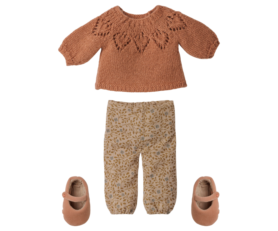 Maileg knitted sweater, floral pants, and matching shoes, dressed bunny outfit for Size 3