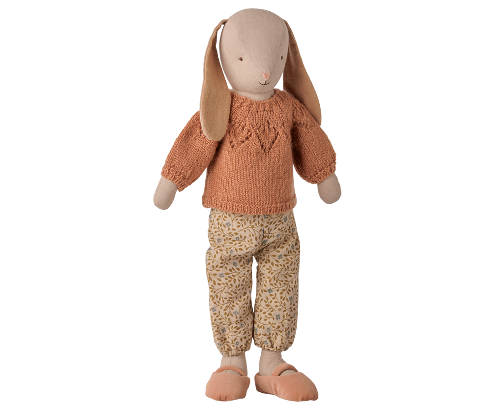 Maileg Size 3 Bunny dressed in a knitted sweater and floral pants, collectible rabbit plush