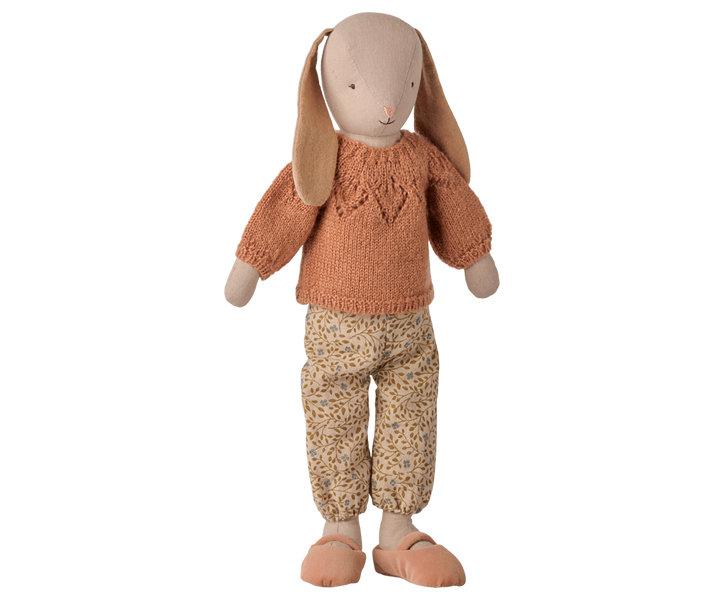 Maileg Size 3 Bunny wearing a vintage powder knitted sweater and floral pants outfit
