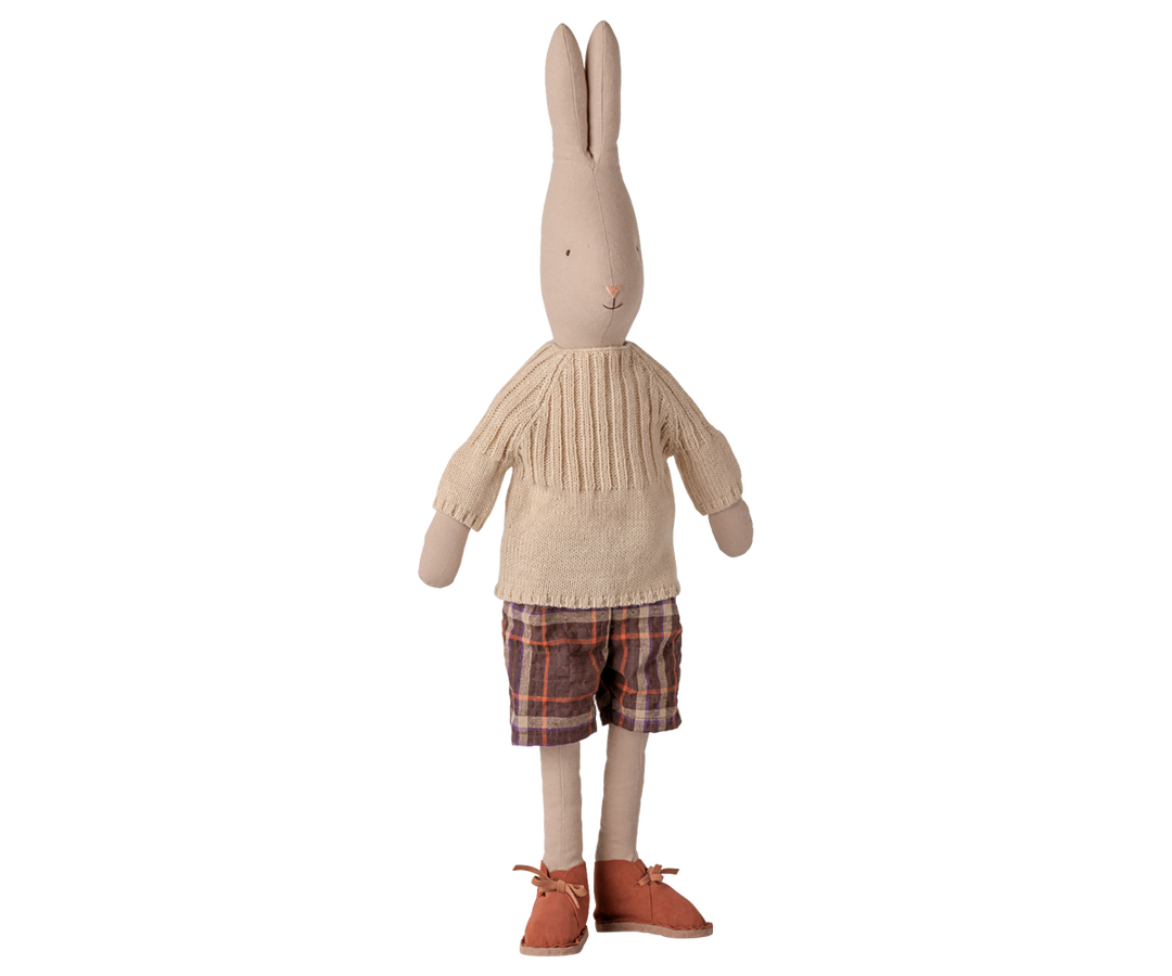 Maileg Rabbit Size 4 in knitted sweater and checked pants, collectible bunny plush toy