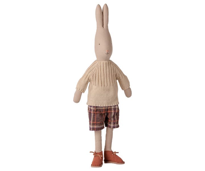 Rabbit wearing Maileg's off white sweater and checked shorts, Size 4 dress-up outfit