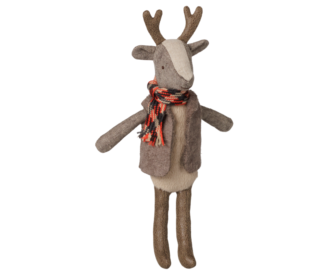 Maileg Reindeer Father plush toy in striped scarf and cozy vest, collectible Christmas stuffed animal