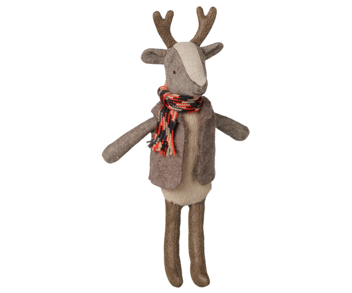 Maileg Reindeer Father plush toy in striped scarf and cozy vest, collectible Christmas stuffed animal
