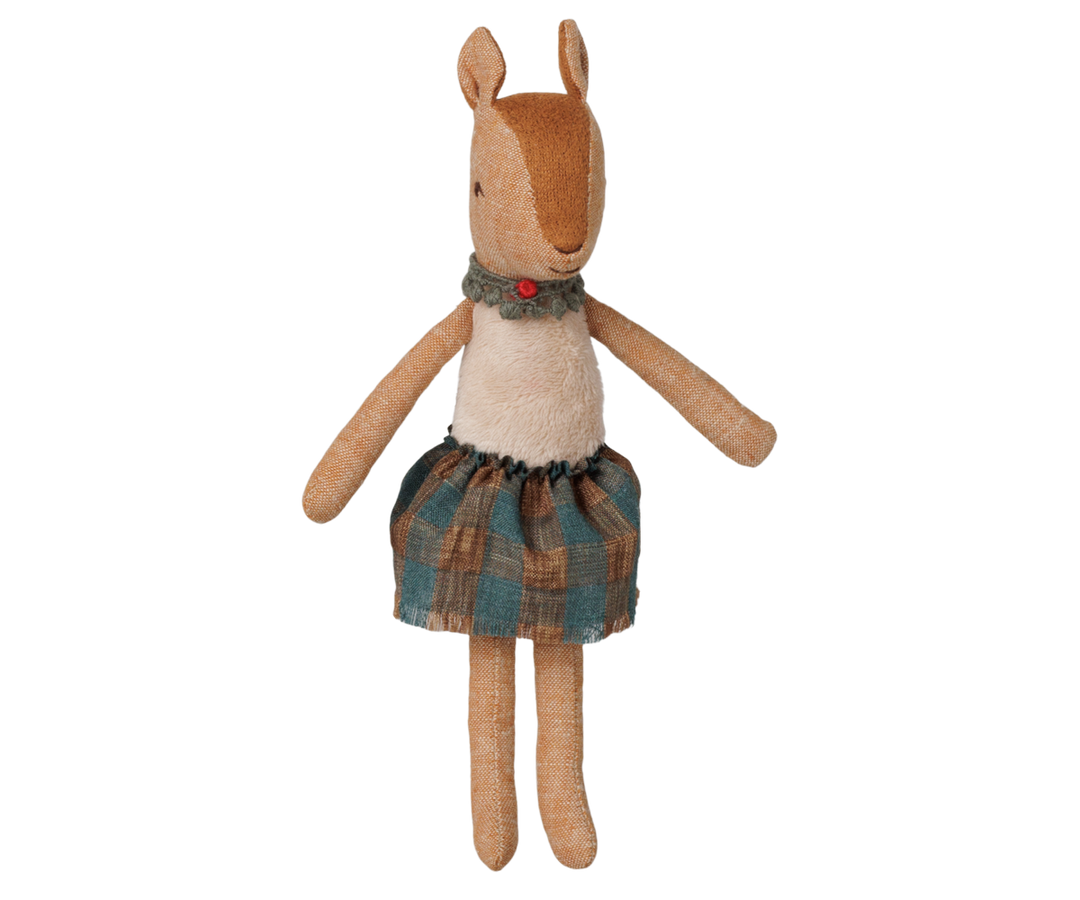 Maileg Reindeer Mother stuffed animal in checked skirt, charming Christmas plush toys collectible