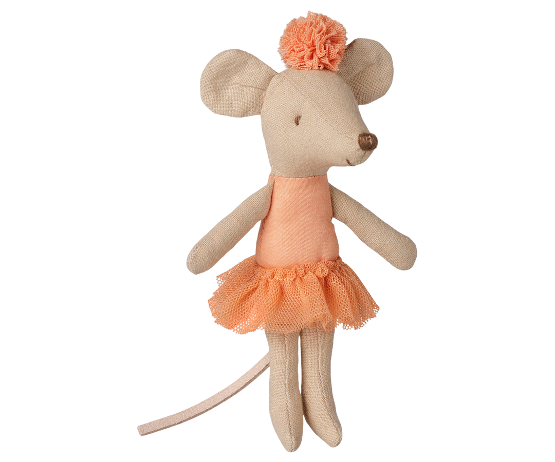 Apricot tutu ballerina mouse by Maileg, little sister collectible stuffed toy for dollhouse play