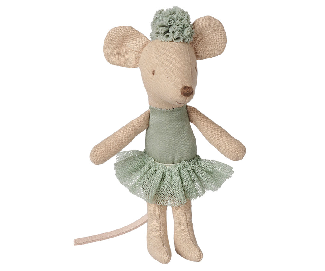 Maileg Little Sister ballerina mouse in vintage mint tutu, collectible stuffed mouse toy for dollhouse play