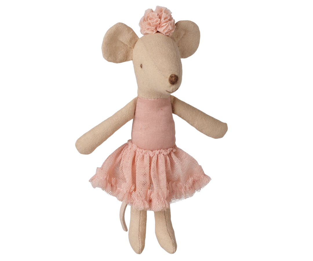 Big Sister ballerina mouse in light heather tutu, Maileg collectible plush toy for dance play