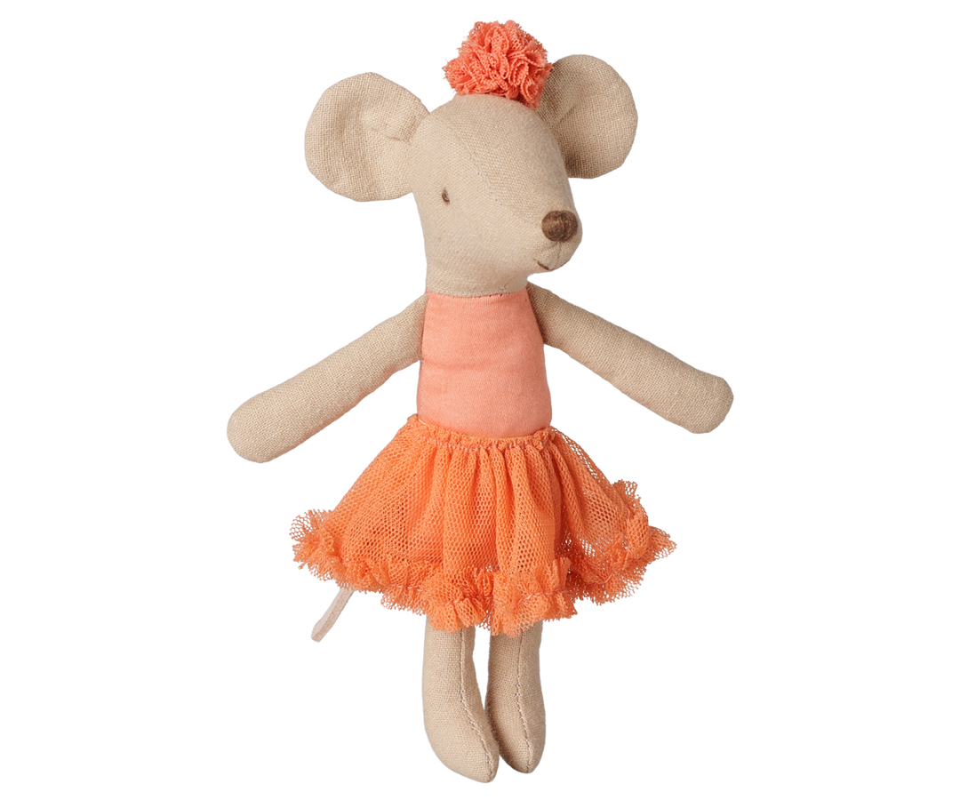 Maileg Big Sister mouse dressed as ballerina in dusty coral tutu, collectible dollhouse toy