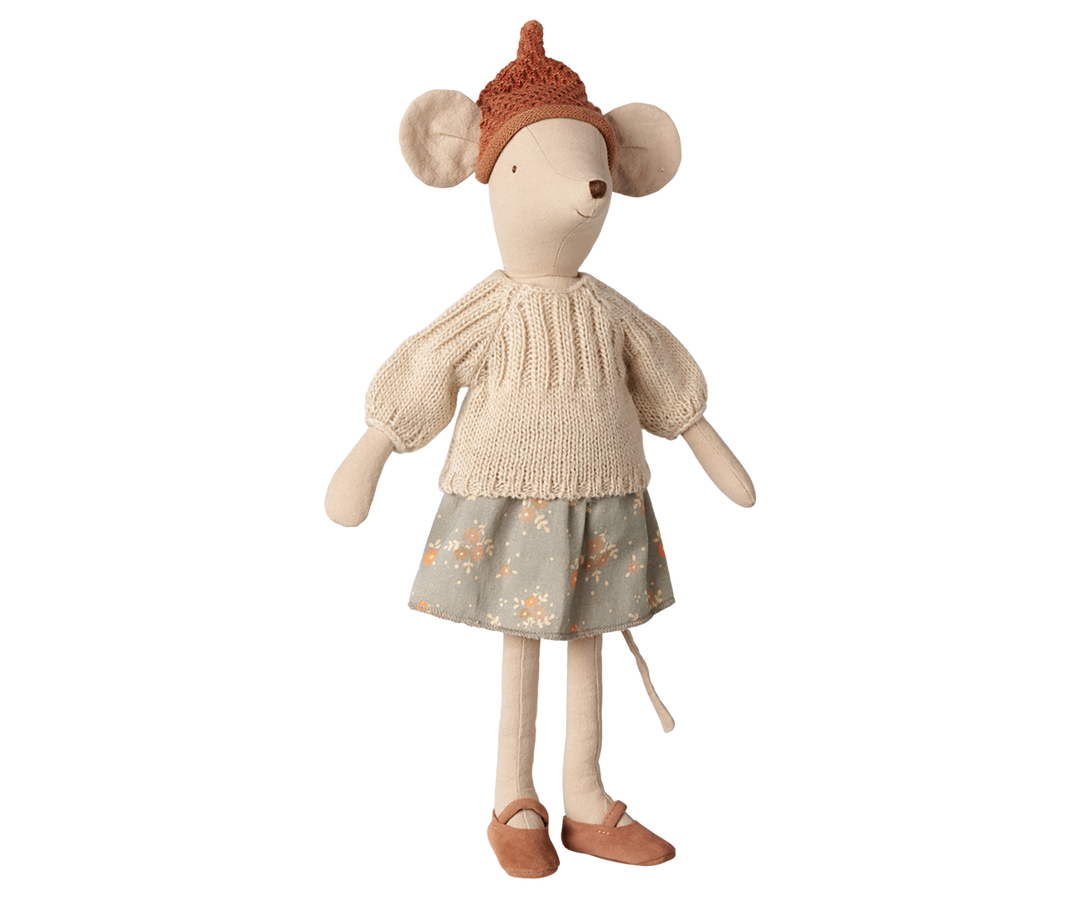 Maileg Medium Mouse in floral skirt, knit sweater, and acorn hat, huggable collectible toy