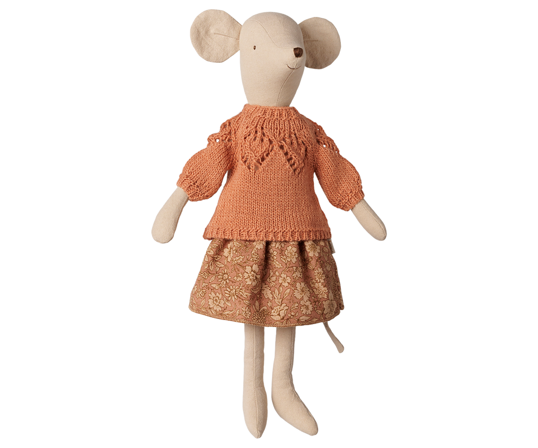Medium Maileg mouse dressed in a knitted sweater and floral skirt outfit set