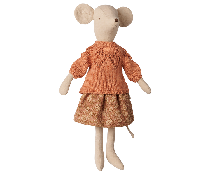 Medium Maileg mouse dressed in a knitted sweater and floral skirt outfit set
