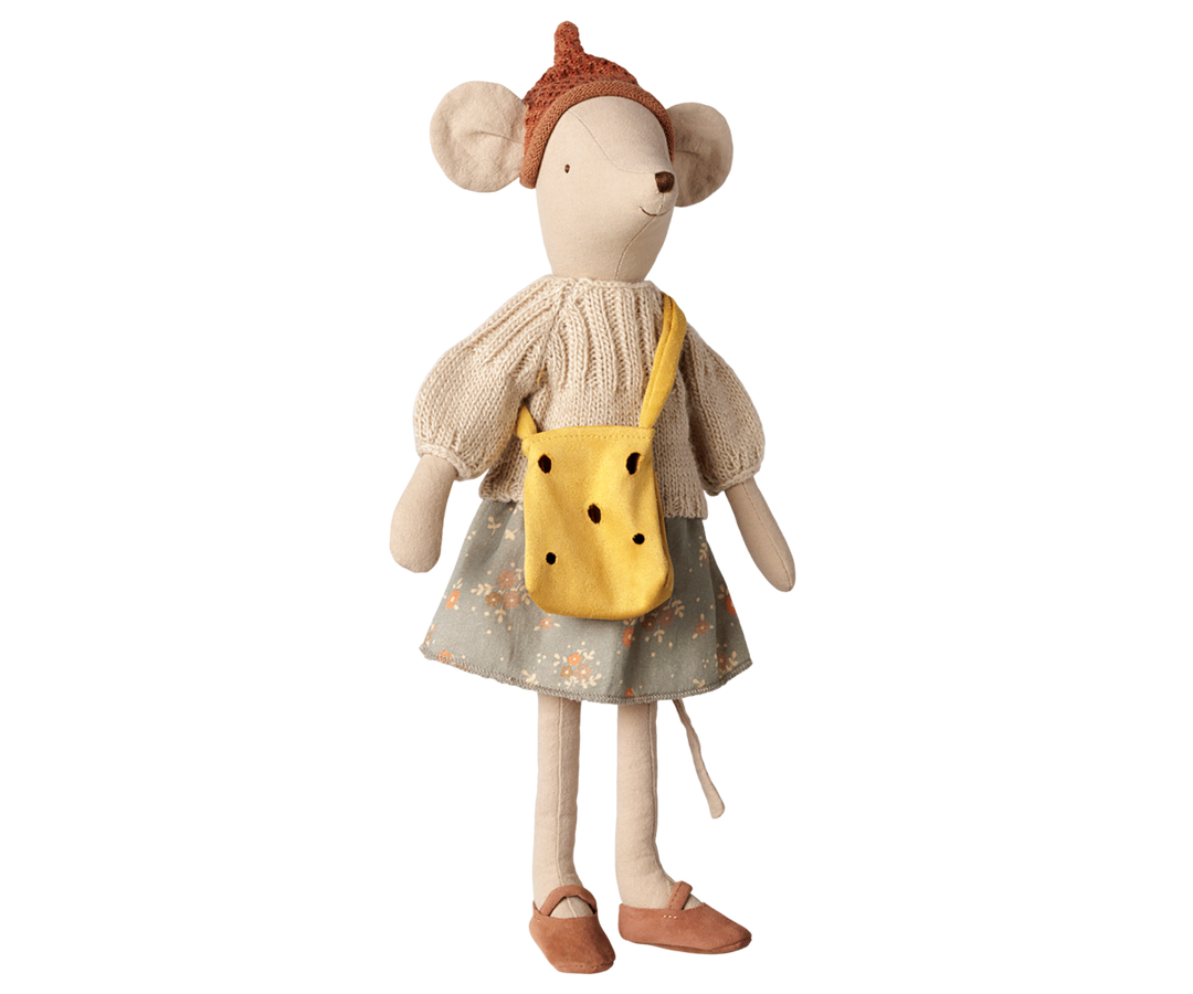 Medium Maileg mouse carrying a yellow cheese-shaped bag, playful mouse accessory for dress-up