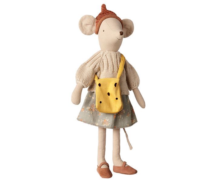 Medium Maileg mouse carrying a yellow cheese-shaped bag, playful mouse accessory for dress-up