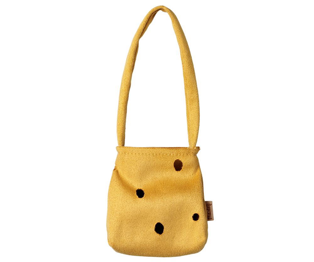 Maileg Cheese Bag in yellow suede, shoulder bag accessory sized for Medium mice