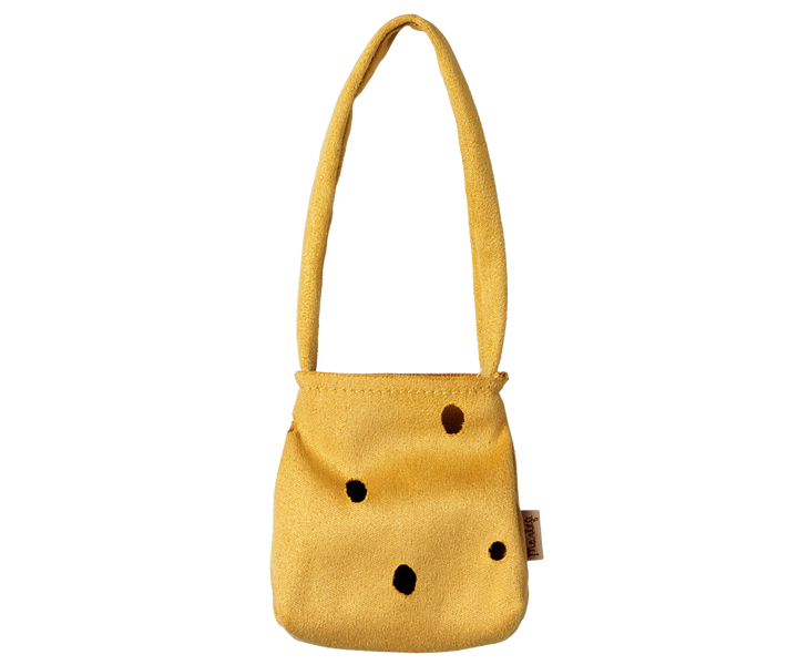 Maileg Cheese Bag in yellow suede, shoulder bag accessory sized for Medium mice