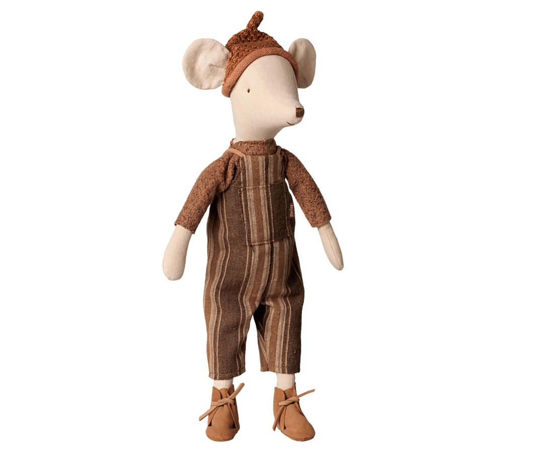 Medium Maileg Mouse wearing an acorn hat, striped overalls, and sweater, collectible stuffed toy