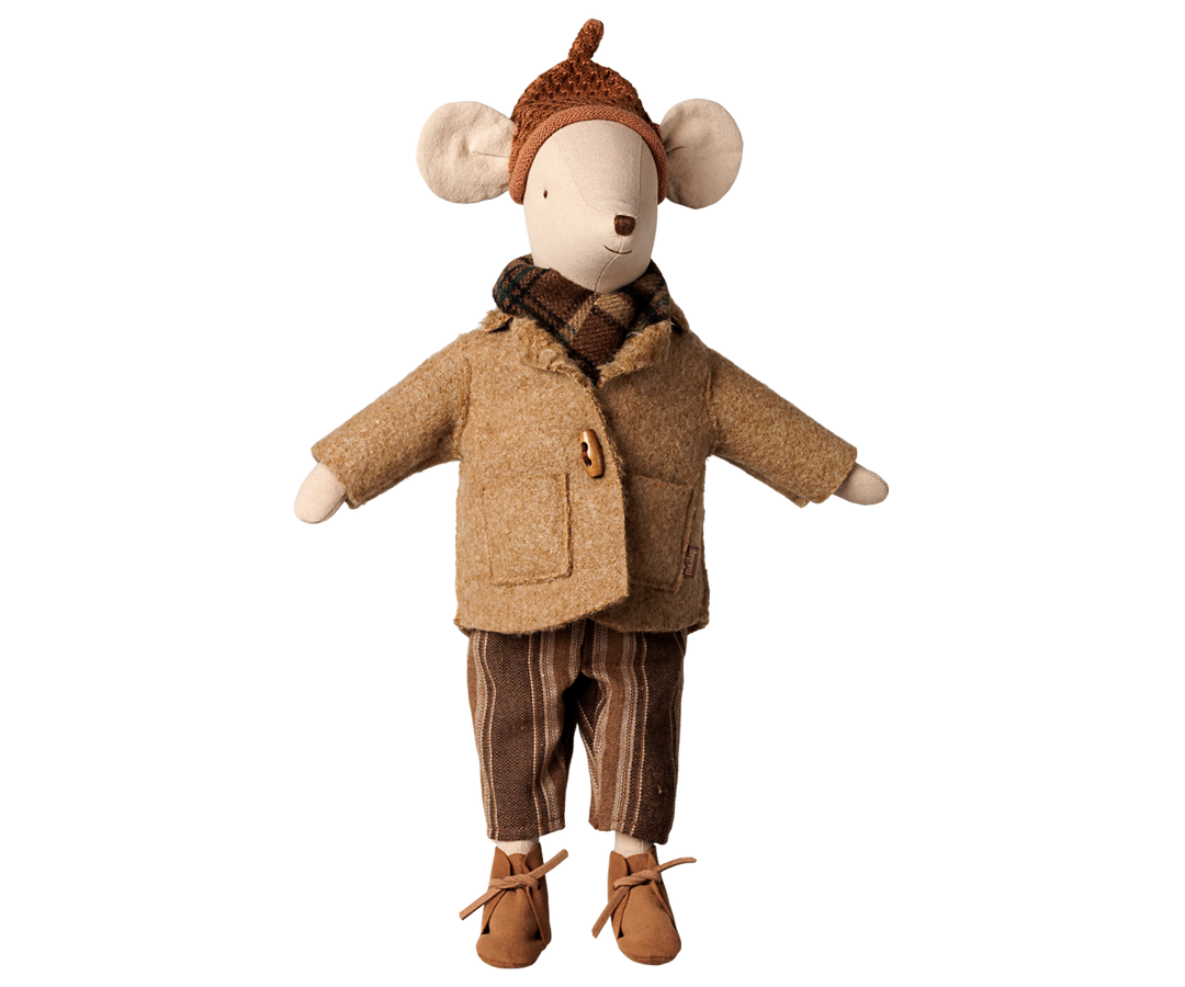 Maileg Medium mouse in a cozy plaid scarf and jacket, autumn mouse clothing set