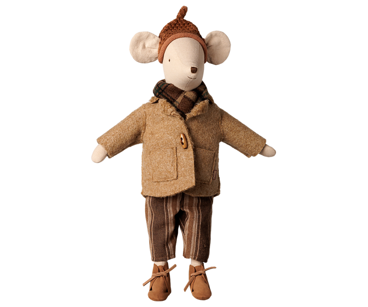 Maileg Medium mouse in a cozy plaid scarf and jacket, autumn mouse clothing set