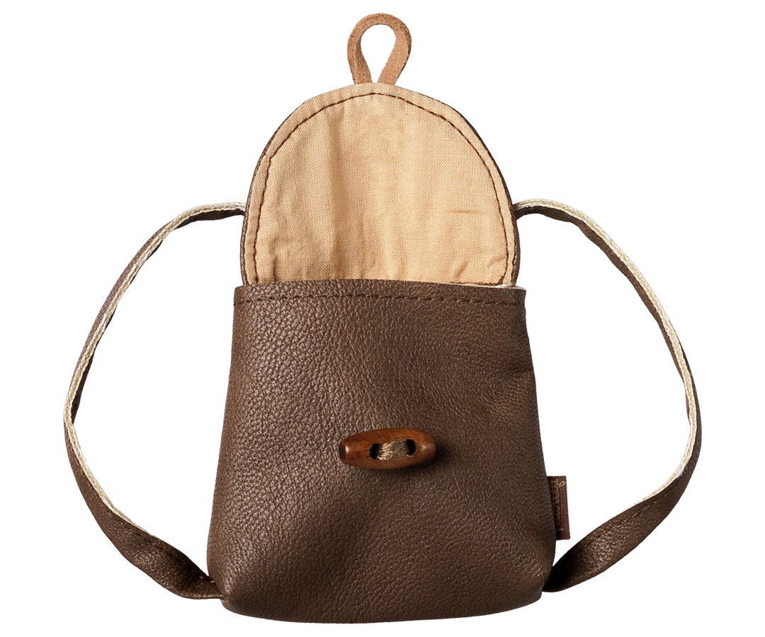Open view of the Maileg mouse backpack showing the roomy faux leather interior