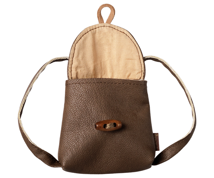 Open view of the Maileg mouse backpack showing the roomy faux leather interior