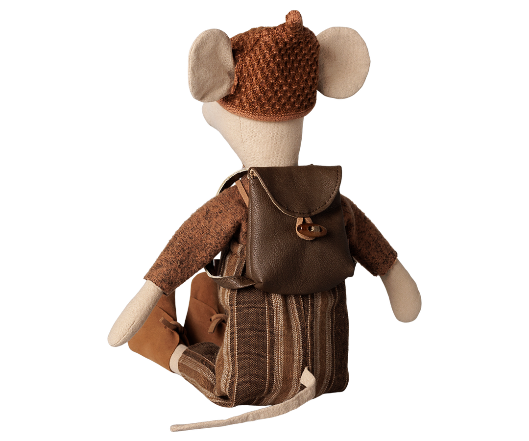 Medium Maileg mouse wearing a faux leather backpack, collectible mouse accessory for play