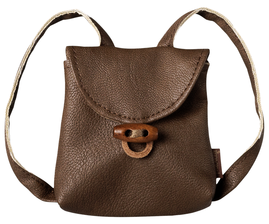 Maileg Backpack for Medium mouse in brown faux leather with wood button closure