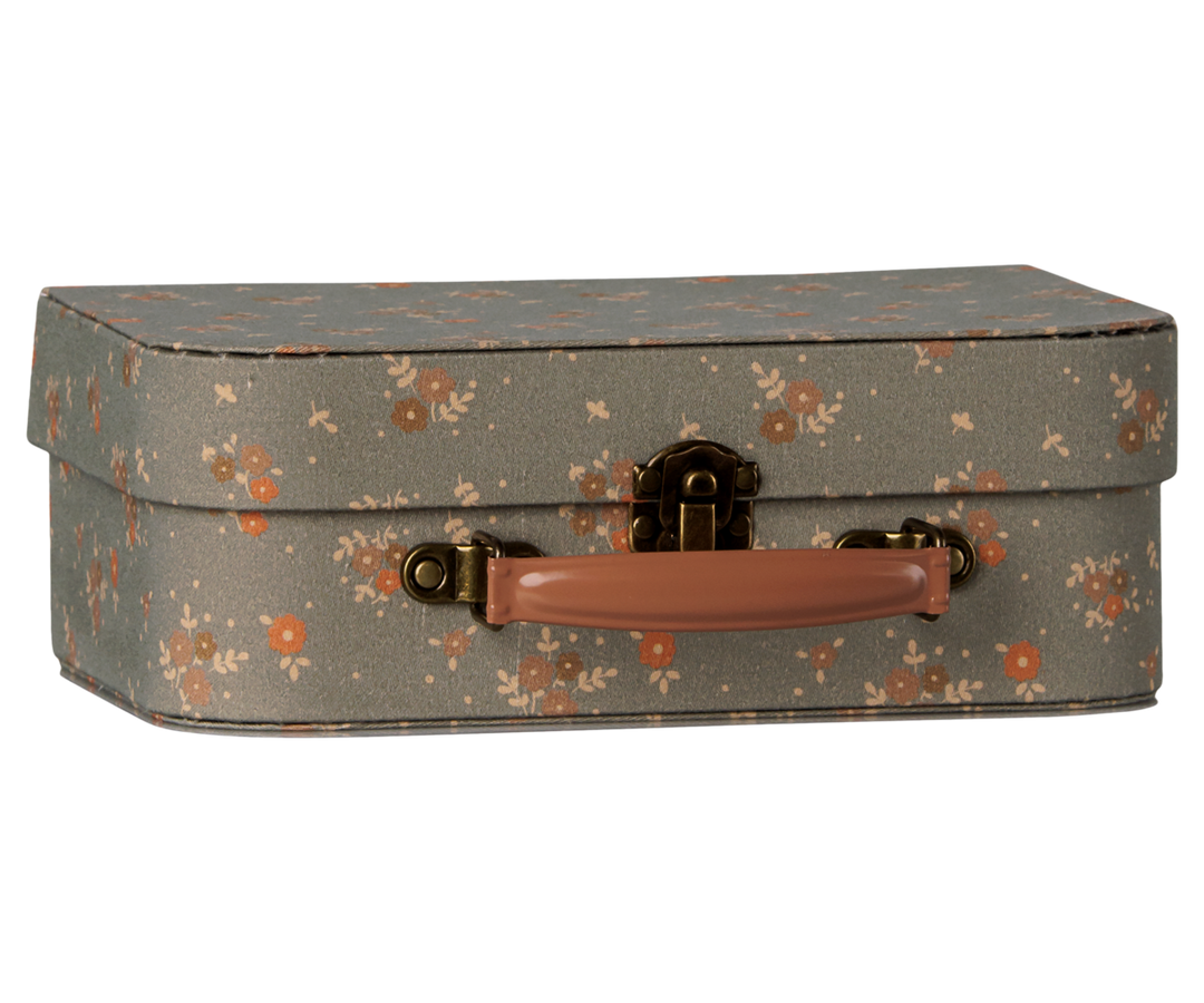 Michette print suitcase by Maileg, floral dollhouse storage case with brown handle