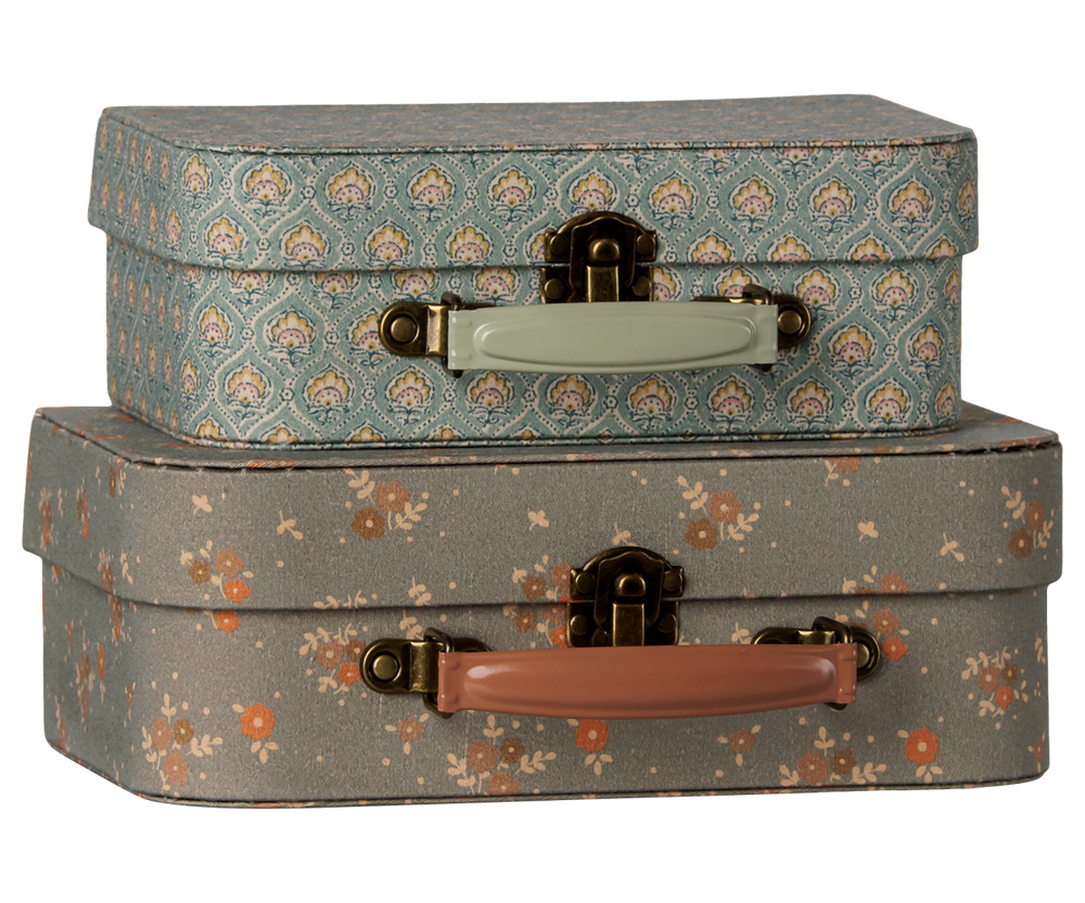 Maileg Suitcase Set opened to show the nesting fit, two-piece Michette storage cases