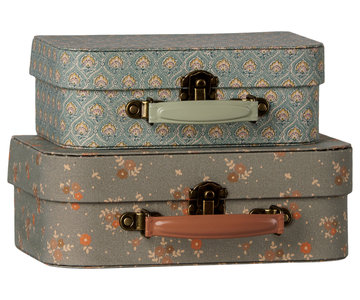 Maileg Suitcase Set opened to show the nesting fit, two-piece Michette storage cases