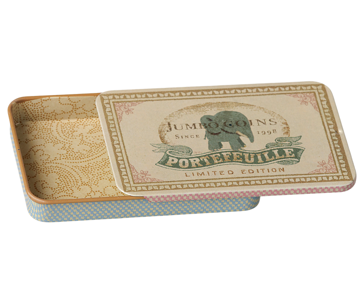 Maileg Jumbo Coins metal tin with sliding lid open, blue vintage-style keepsake box