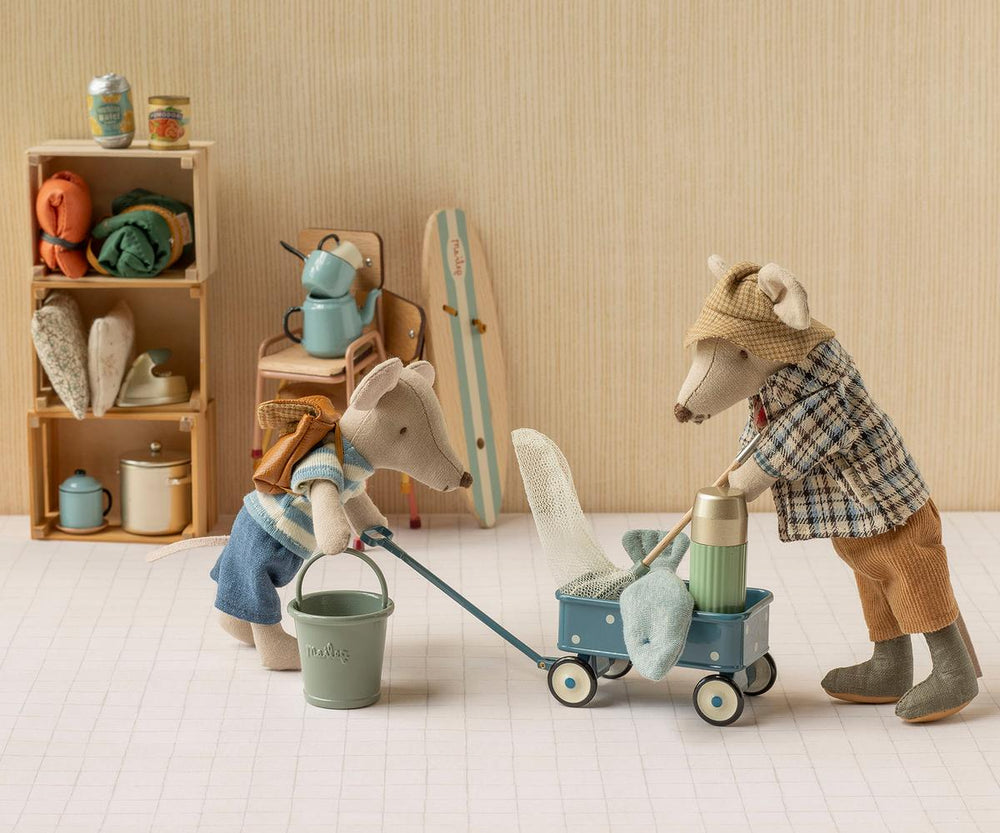 Blue dotted Maileg mouse wagon, miniature metal pull toy for Mouse Hole Farmhouse adventures
