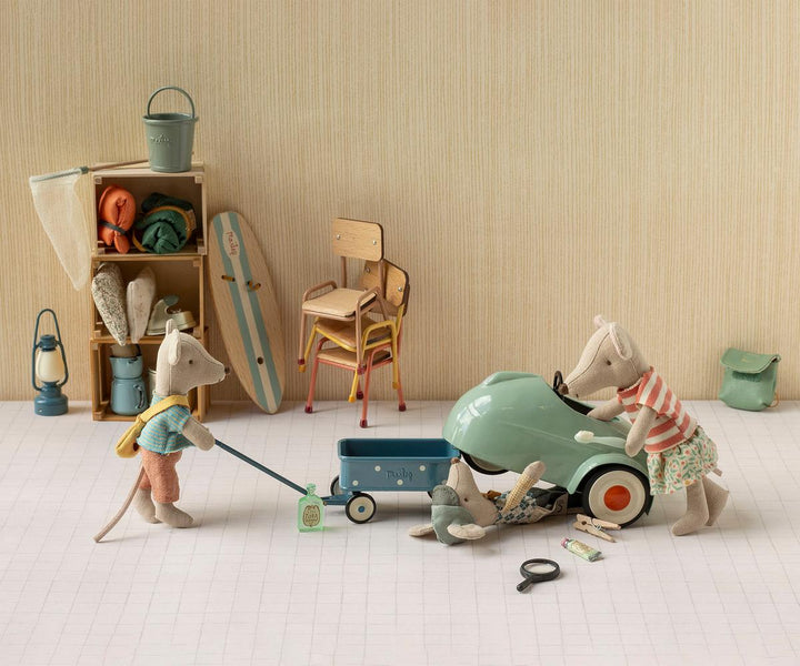 Maileg Blue Mouse Wagon with working wheels, collectible metal toy wagon for Maileg mice