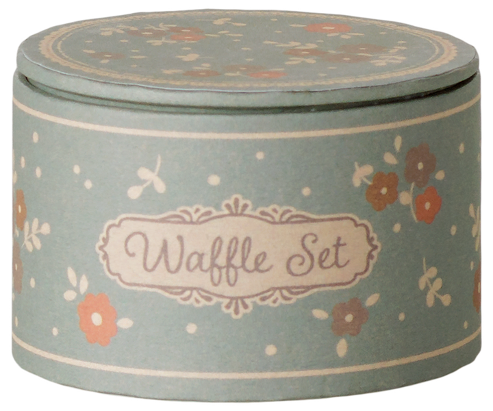 Maileg Waffle Set storage tin with floral design, 15-piece mouse breakfast accessory set