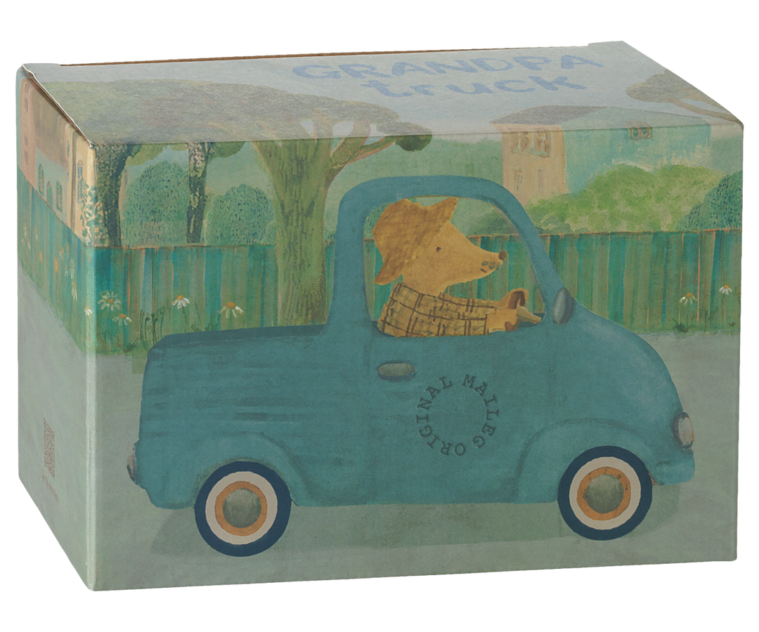 Maileg mice riding their Truck on the beach, charming toy car for imaginative outdoor play