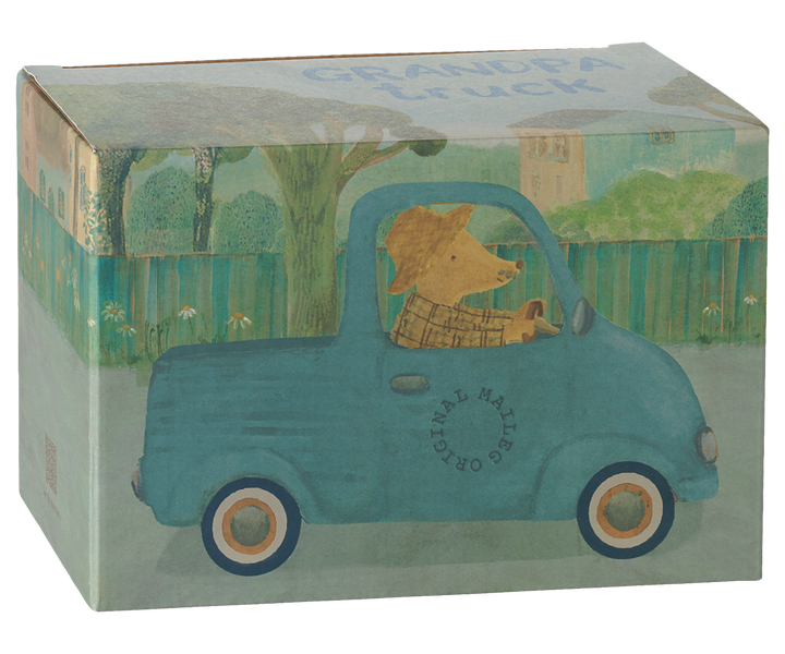 Maileg mice riding their Truck on the beach, charming toy car for imaginative outdoor play