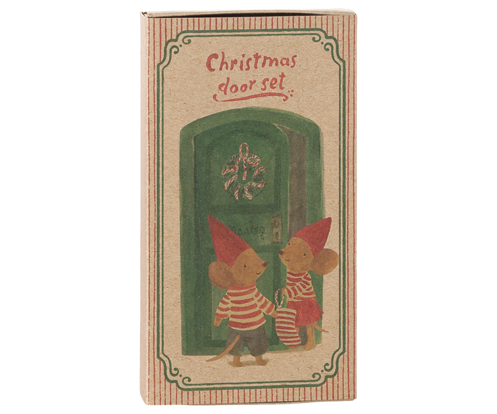 Boxed Maileg Christmas Door Set, mouse holiday decor packaging with festive illustration