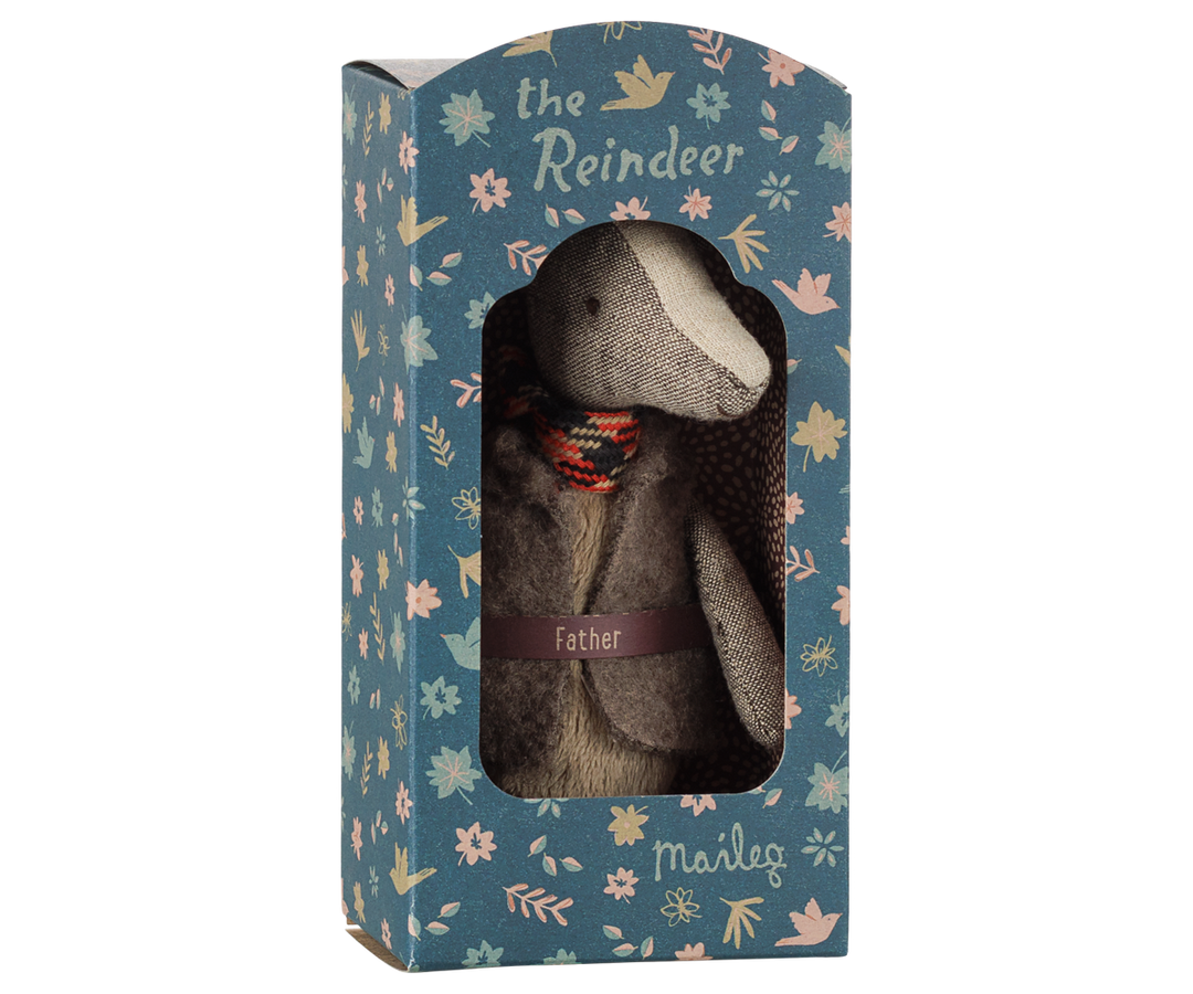 Boxed Maileg Reindeer Father, holiday collectible plush toy for dollhouse and nursery Christmas decor