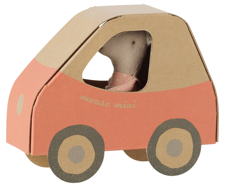 Maileg Driver Mouse riding inside her brown car-shaped keepsake box