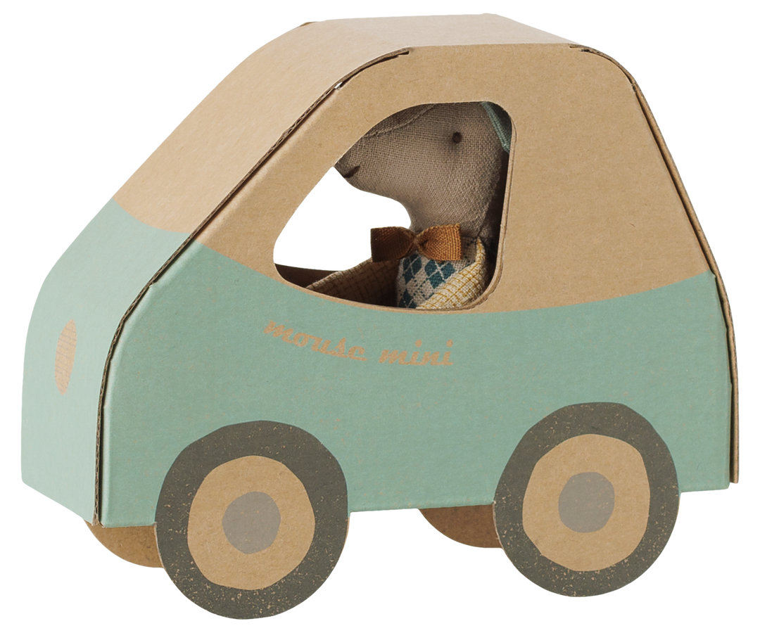 Maileg Driver Mouse peeking from his teal car-shaped keepsake box