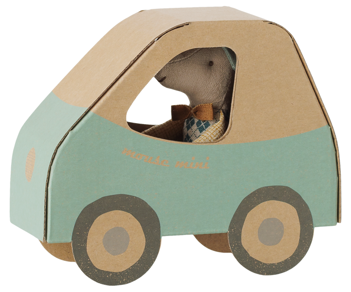 Maileg Driver Mouse peeking from his teal car-shaped keepsake box