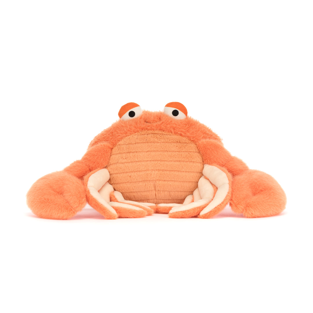Jellycat CR2CRB Pinchsnap Crab overhead -- red-orange plush crab stuffed animal, High Summer 2026 ocean collection, funny novelty gift for coastal and sea creature enthusiasts