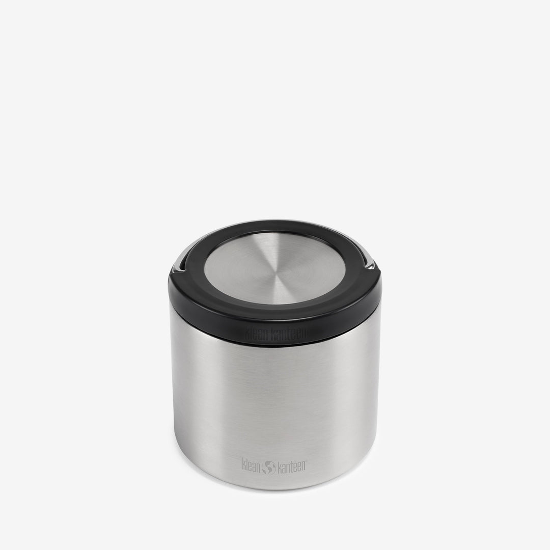 Overhead shot of Klean Kanteen 16oz TKCanister Food Container in Brushed Stainless showing leak proof seal for secure storage