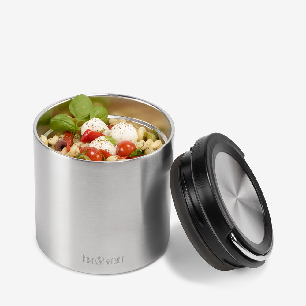 Lifestyle shot of Brushed Stainless Klean Kanteen 32oz TKCanister Food Container, non toxic and durable.