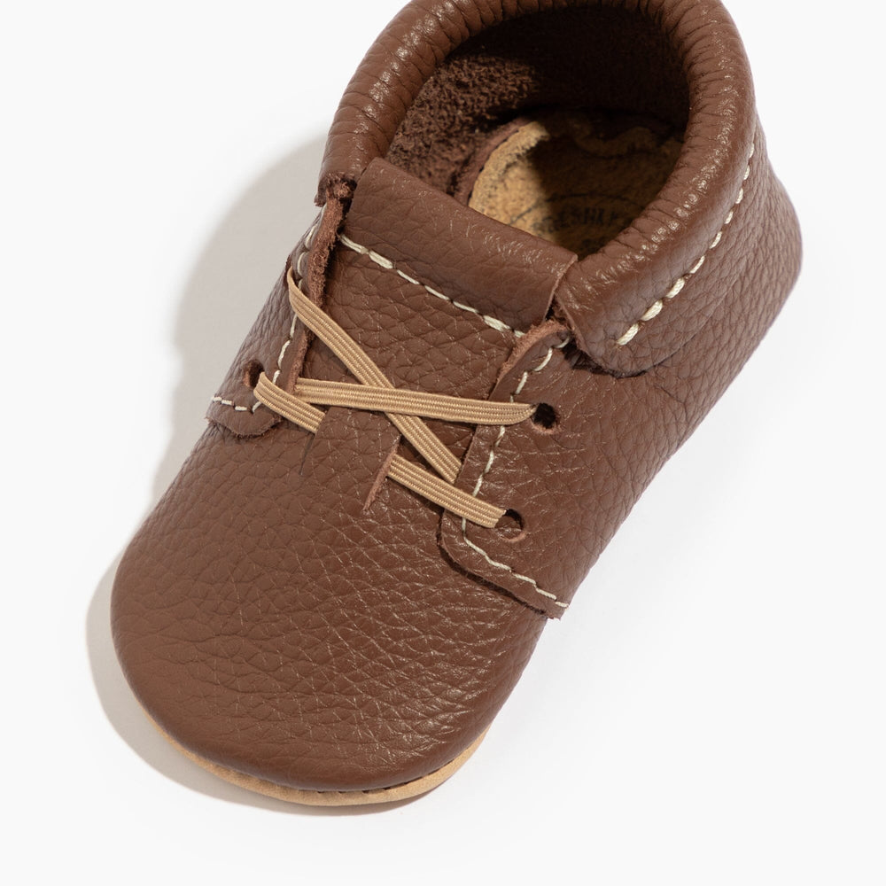 Freshly Picked Chestnut Oxford baby shoe angled view, classic dressy style