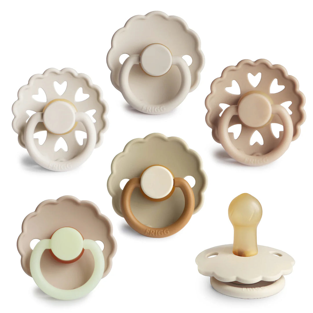 FRIGG Cinnamon Charm natural rubber pacifier 6-pack - six BPA-free latex soothers in warm cinnamon tones