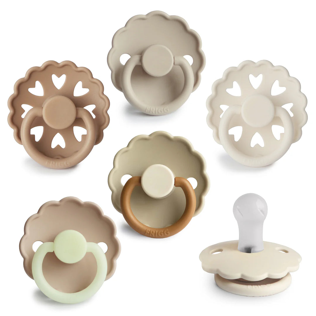 FRIGG Cinnamon Charm silicone pacifier 6-pack size 1 - six BPA-free orthodontic pacifiers in warm cinnamon tones