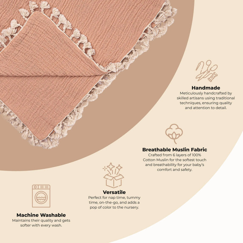 Infographic showcasing Crane Baby 6 Layer Muslin Blanket in Copper, highlighting features of muslin blankets for babies.